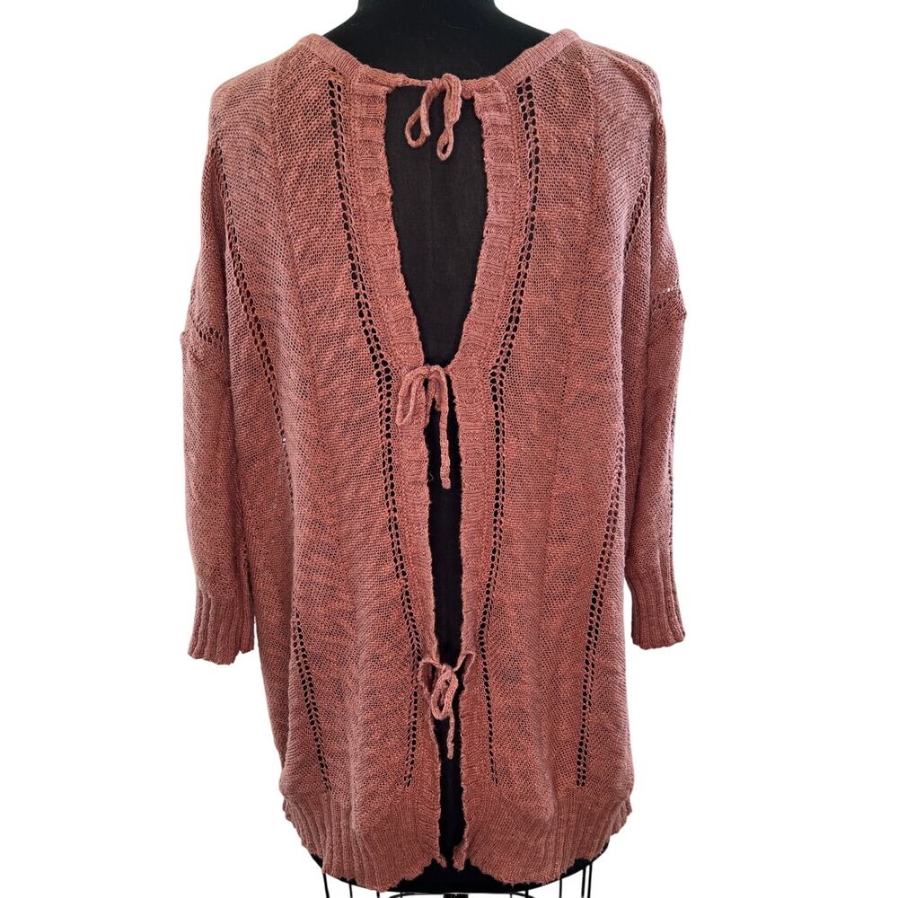 Anthropologie Knitted & Knotted Brown Linen Cotton Open Tie-Back Sweater L Large